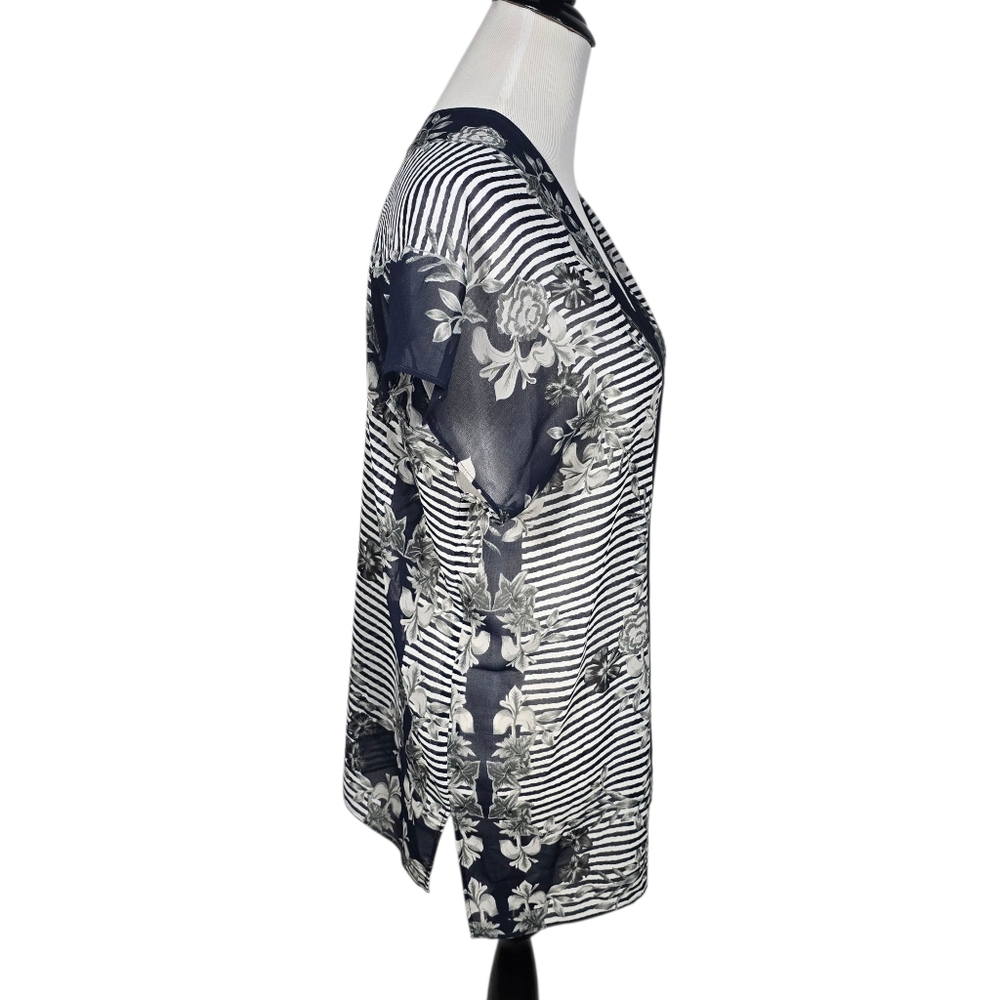 Cabi Size Small Blue White Gray Floral Striped Sheer Blouse - Picture 3 of 7
